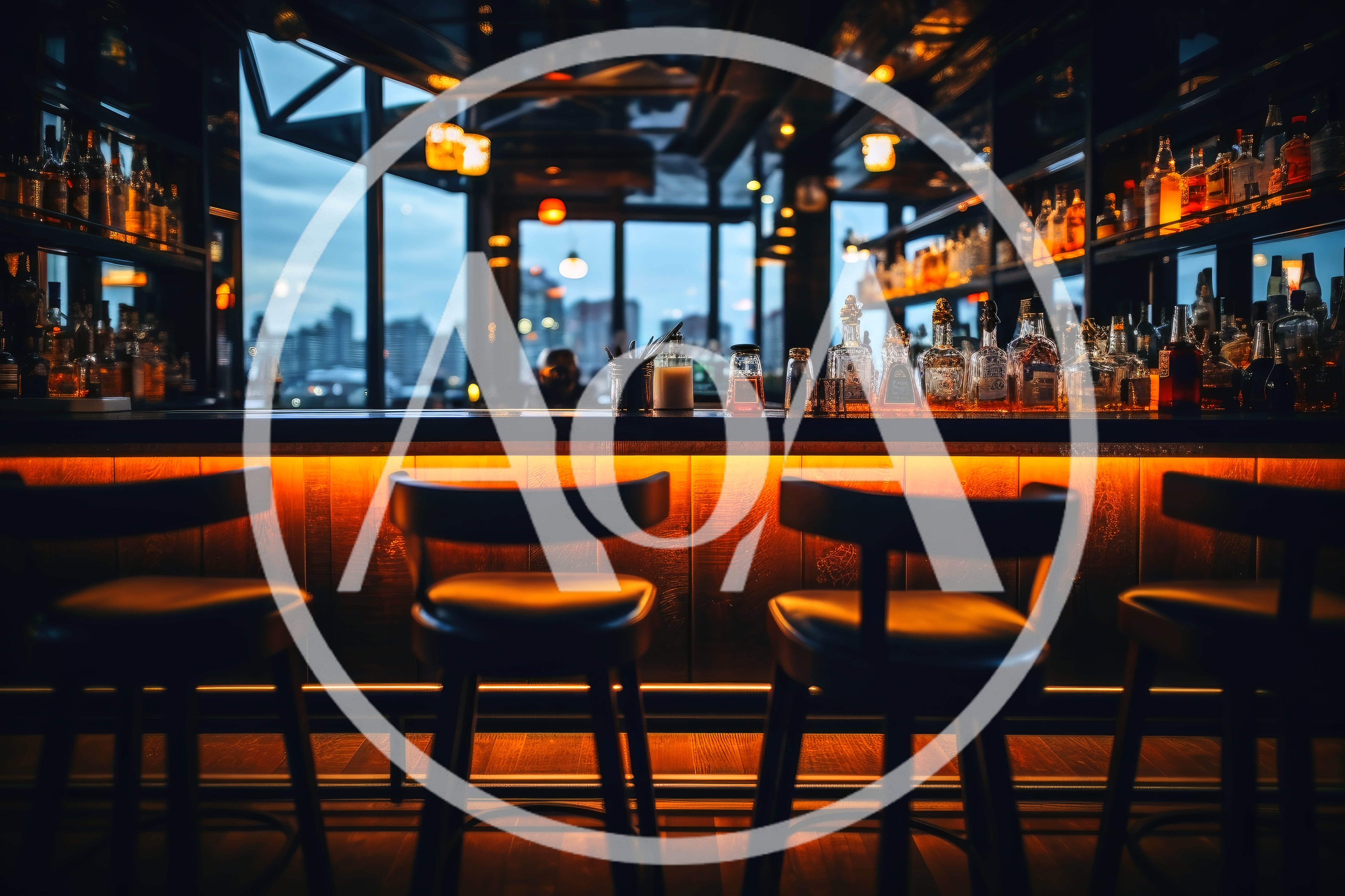 Empty Modern Bar Counter With City Skyline View