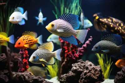 Diverse Tropical Fish Swimming in a Freshwater Aquarium