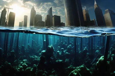 Surreal Split View Of Submerged City Skyline