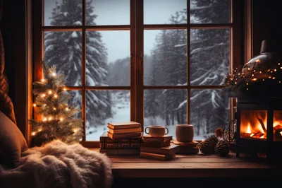 Cozy Winter Window Scene With Books And Fireplace