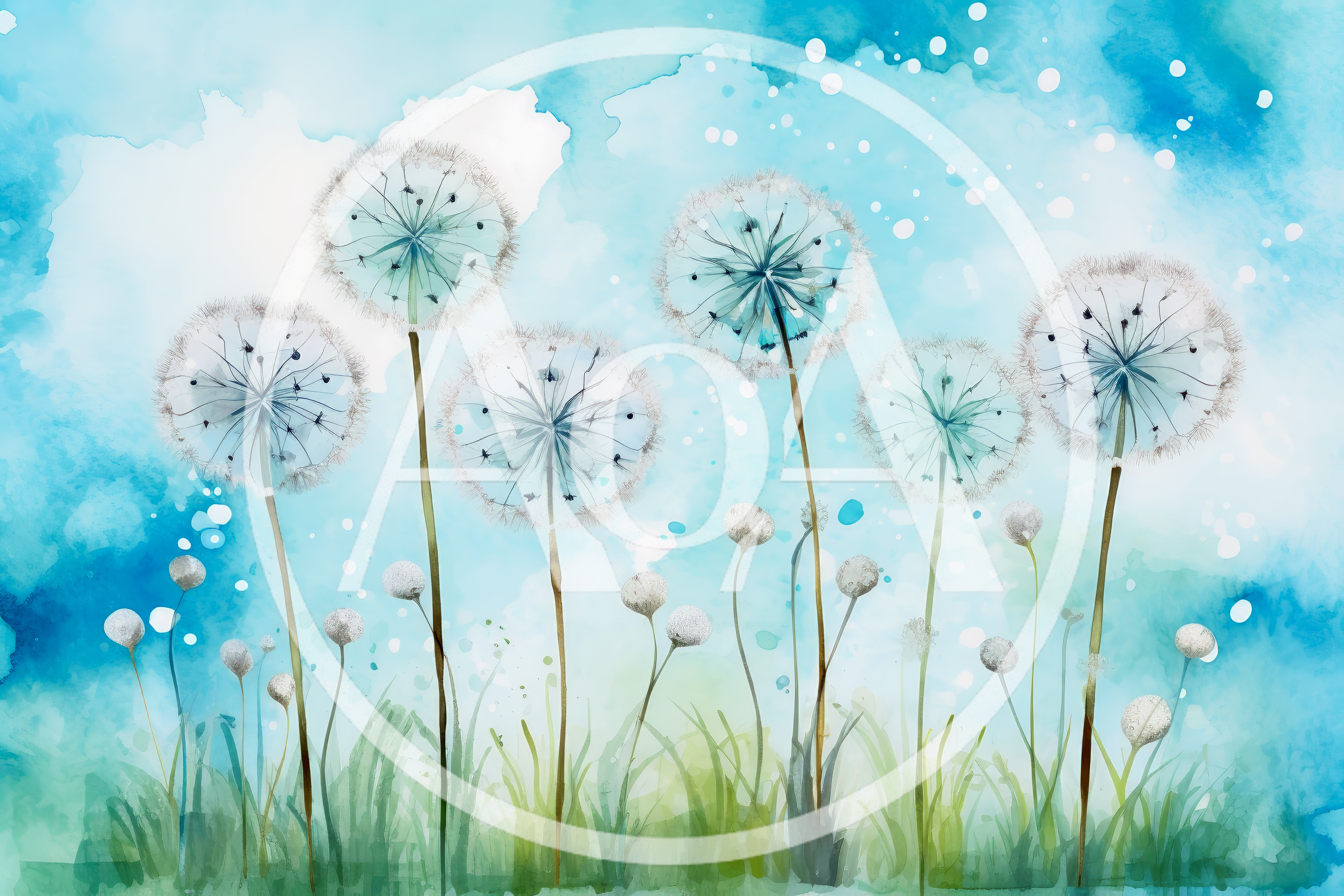 Watercolor Illustration Of Dandelion Flowers In A Meadow