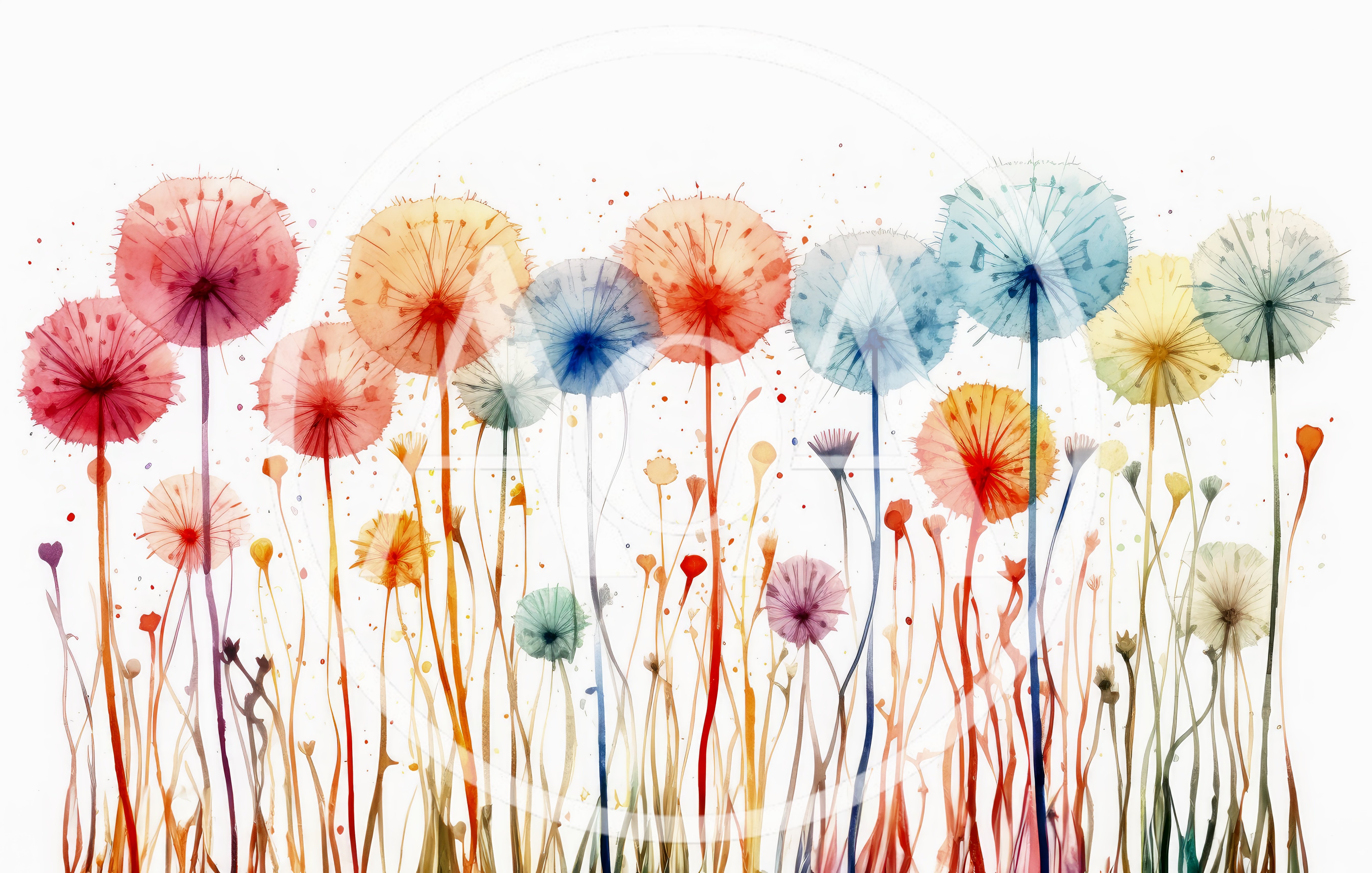 Watercolor Dandelion Field With Vibrant Colorful Flowers