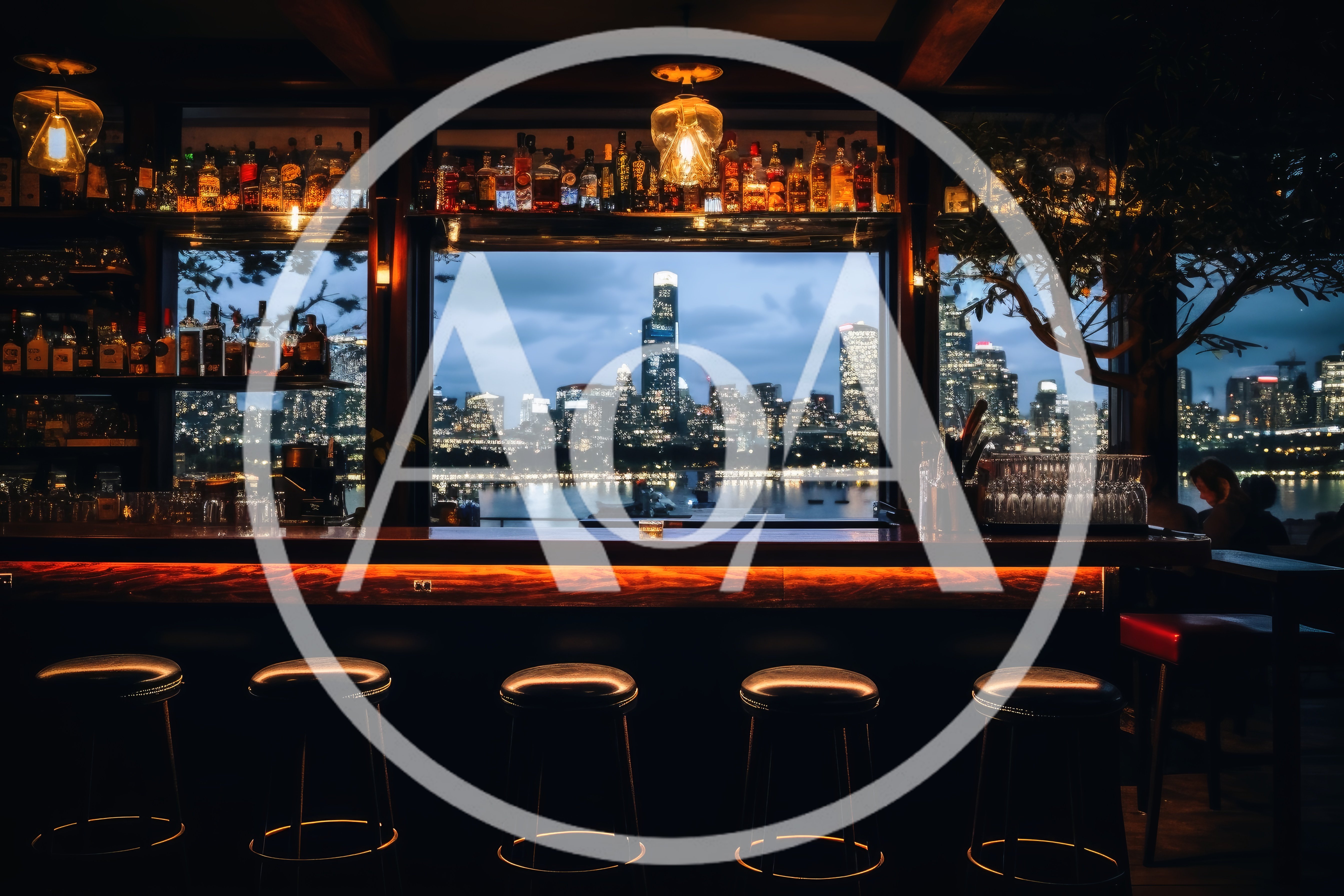 Empty Bar Counter Overlooking A City Skyline At Night