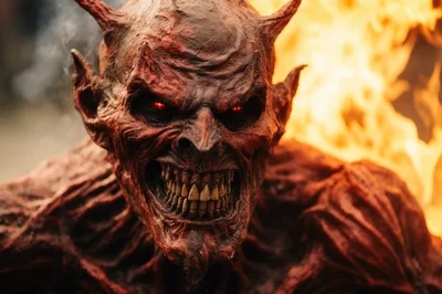 Terrifying Demon Creature With Glowing Red Eyes And Fire