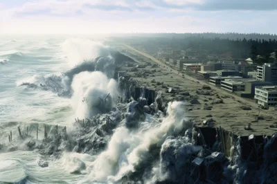 Massive Ocean Waves Crashing Against Coastal City Cliffside