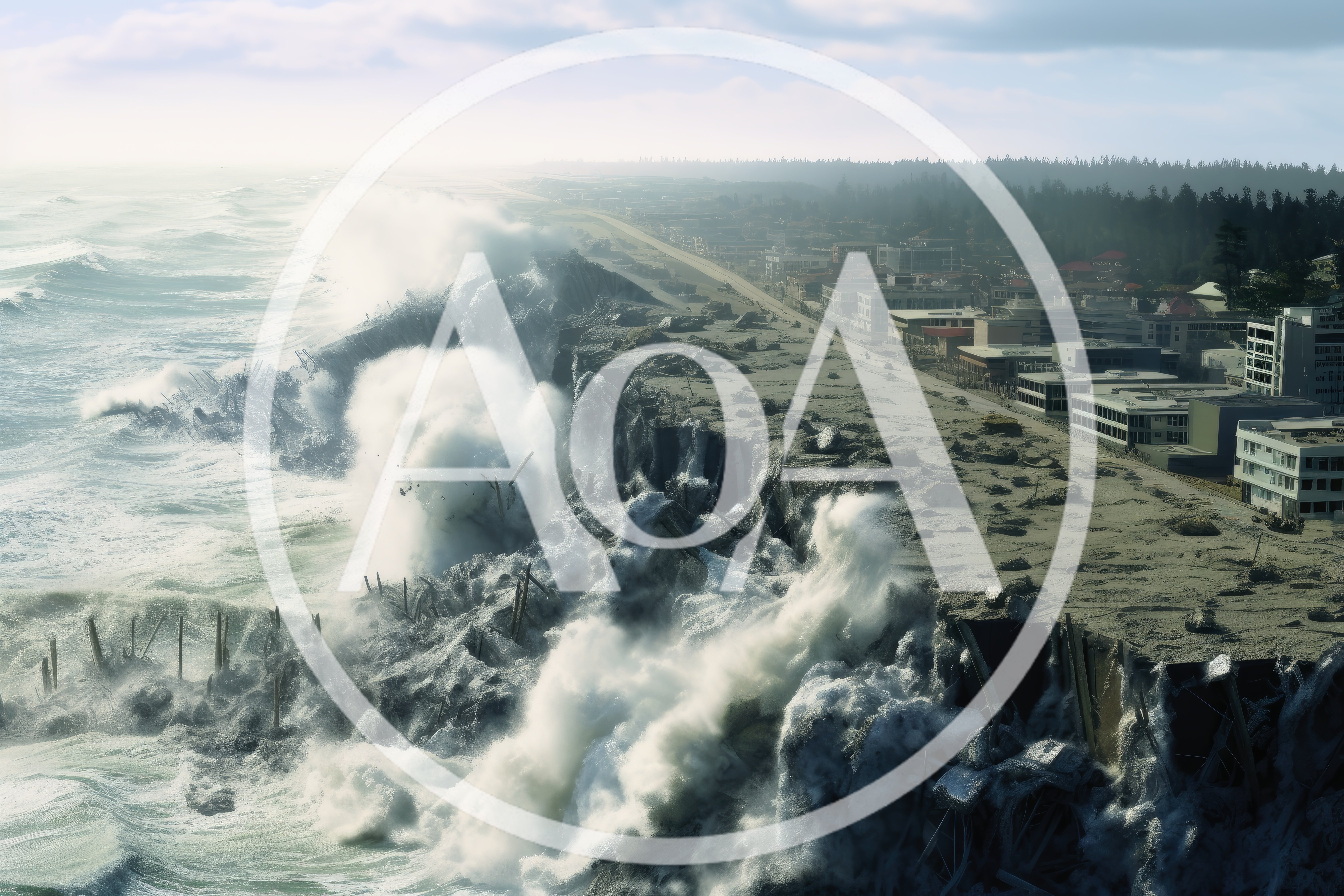 Massive Ocean Waves Crashing Against Coastal City Cliffside