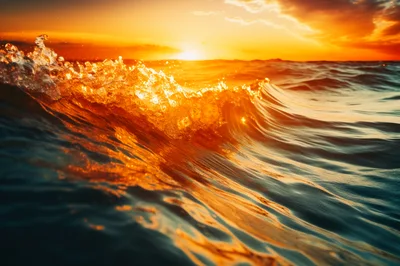 Golden Ocean Wave Breaking At Sunset