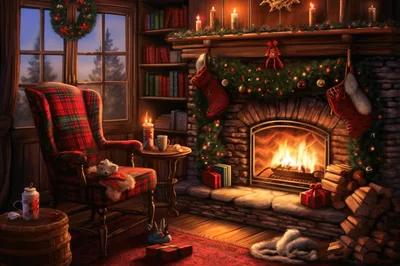 Cozy Christmas Living Room With Fireplace And Armchair