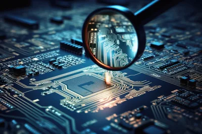 Magnifying Glass Inspecting A Complex Printed Circuit Board