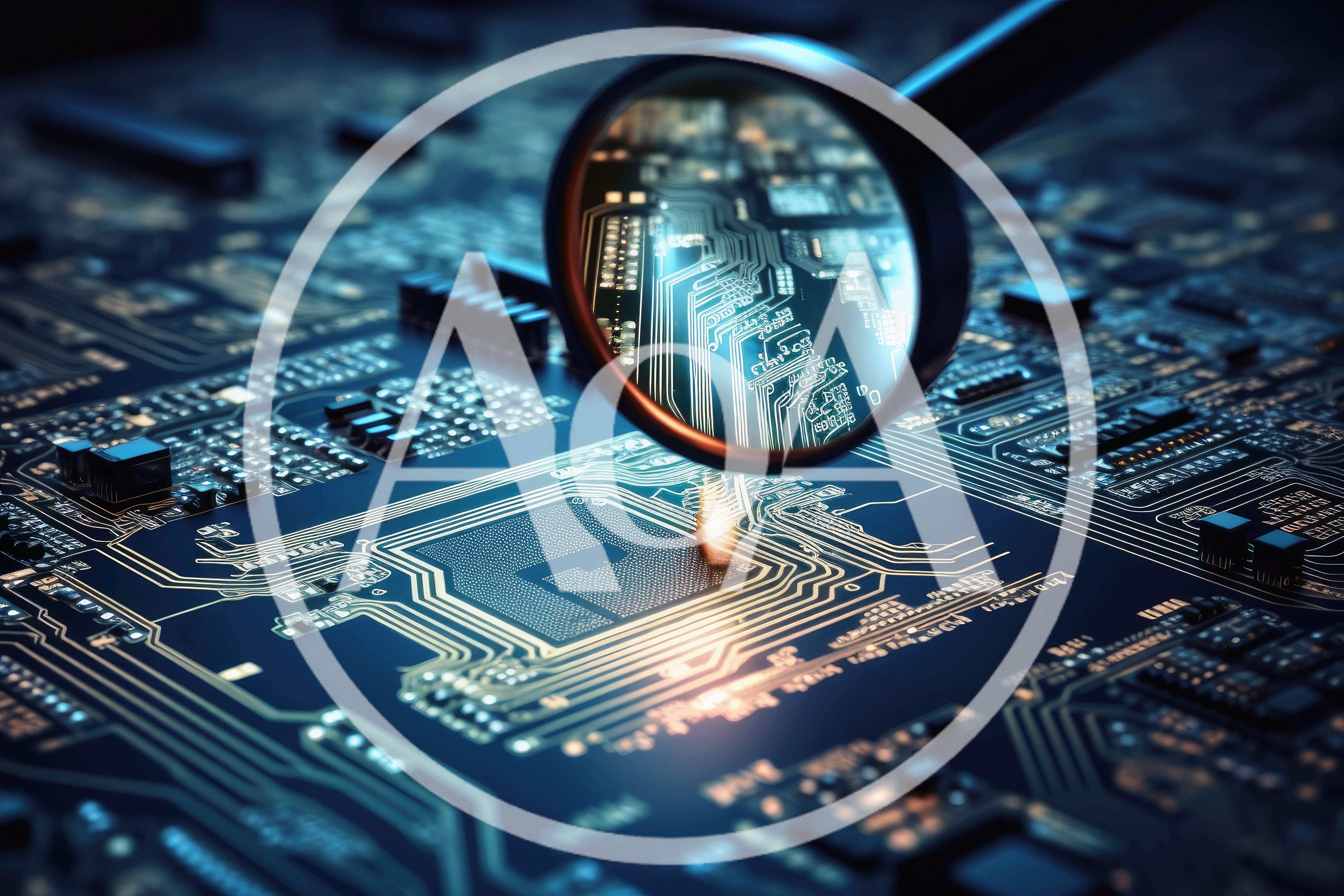 Magnifying Glass Inspecting A Complex Printed Circuit Board