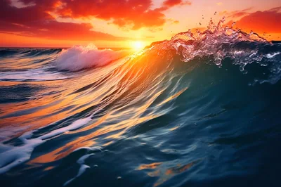 Ocean Wave Breaking During A Vibrant Sunset