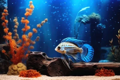 Exotic Striped Cichlid Swimming In A Tropical Aquarium