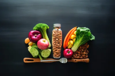 Healthy Food Ingredients Arranged On A Dark Surface