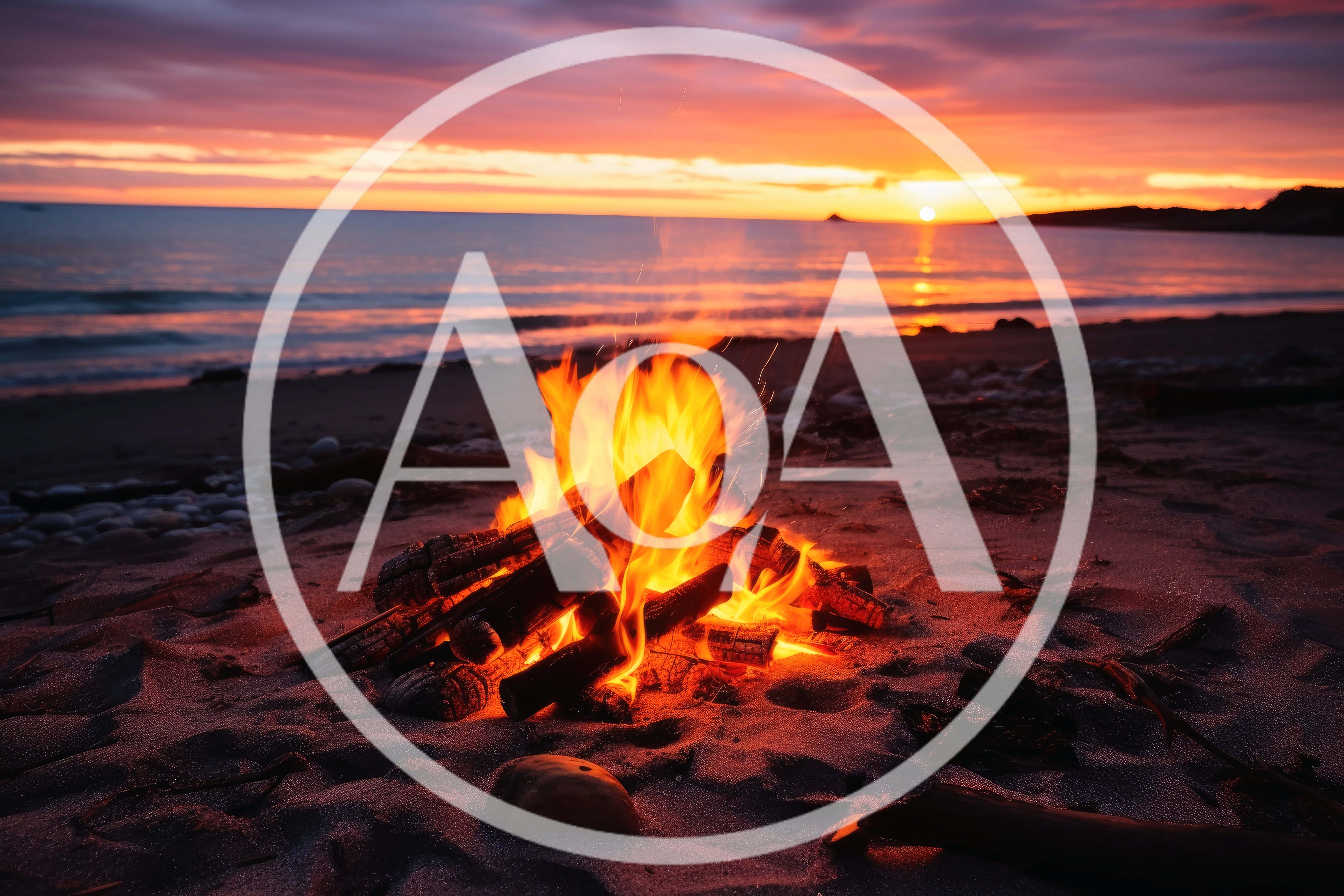Bright Campfire Burning on a Sandy Beach at Sunset