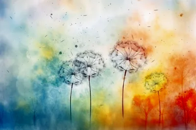 Abstract Watercolor Dandelion Flowers On Colorful Background