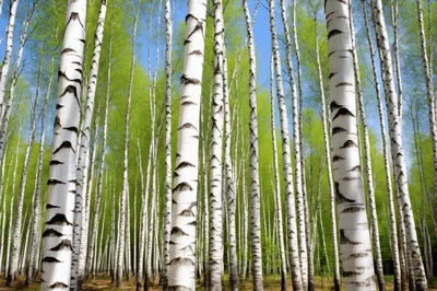 Tall Birch Trees In A Lush Spring Forest
