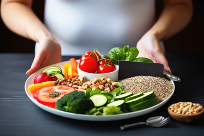 Person Holding A Healthy Plate Of Fresh Vegetables And Grains
