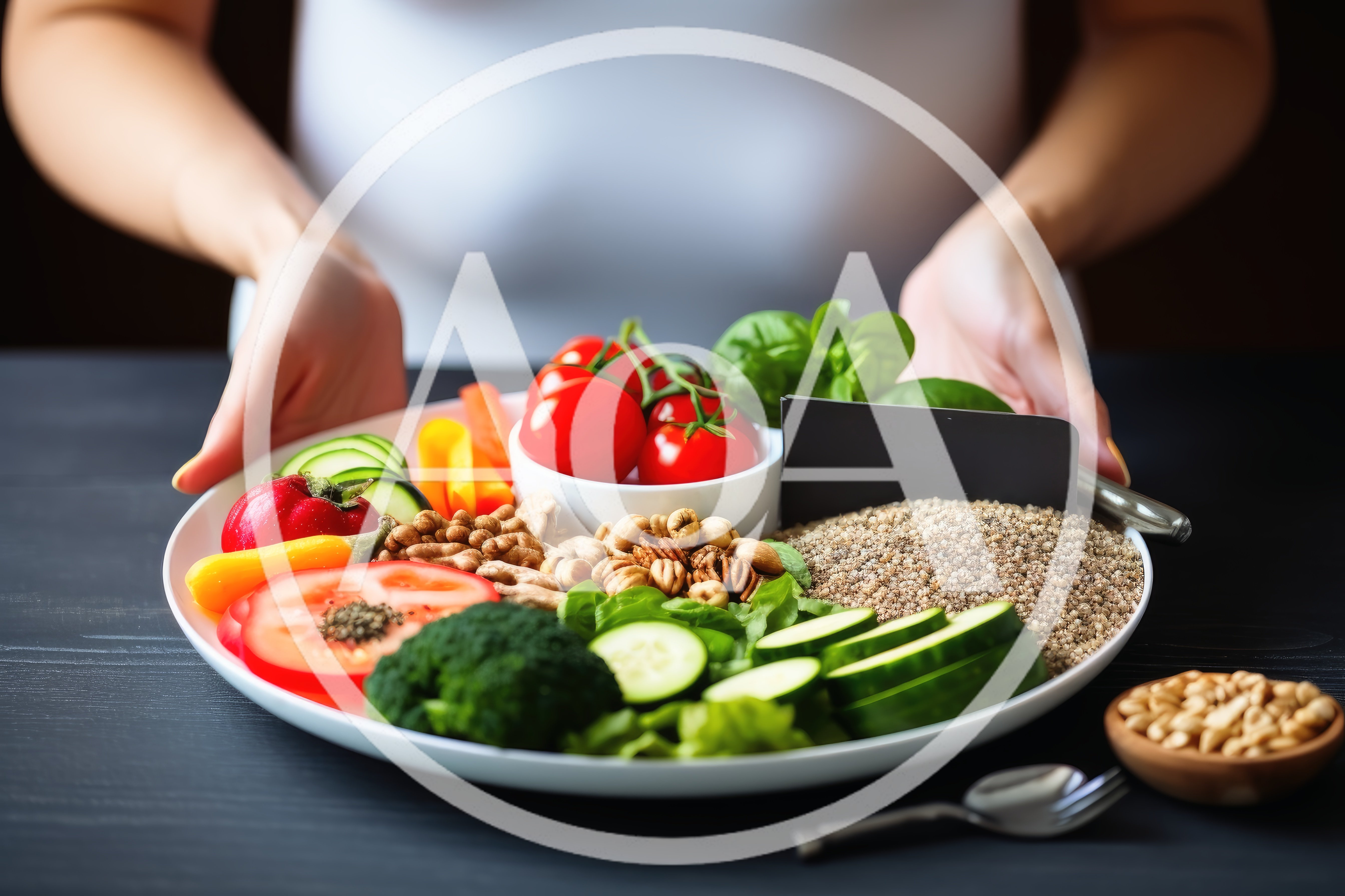 Person Holding A Healthy Plate Of Fresh Vegetables And Grains