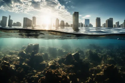 Submerged City Skyline With Underwater Rocky Seabed