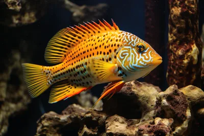 Vibrant Green Terror Cichlid Swimming In Aquarium