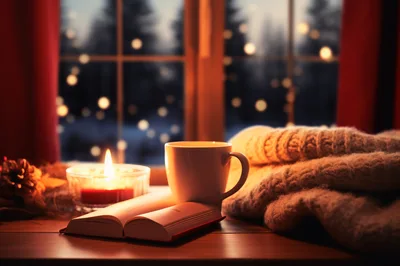 Cozy Winter Evening With Book And Hot Beverage