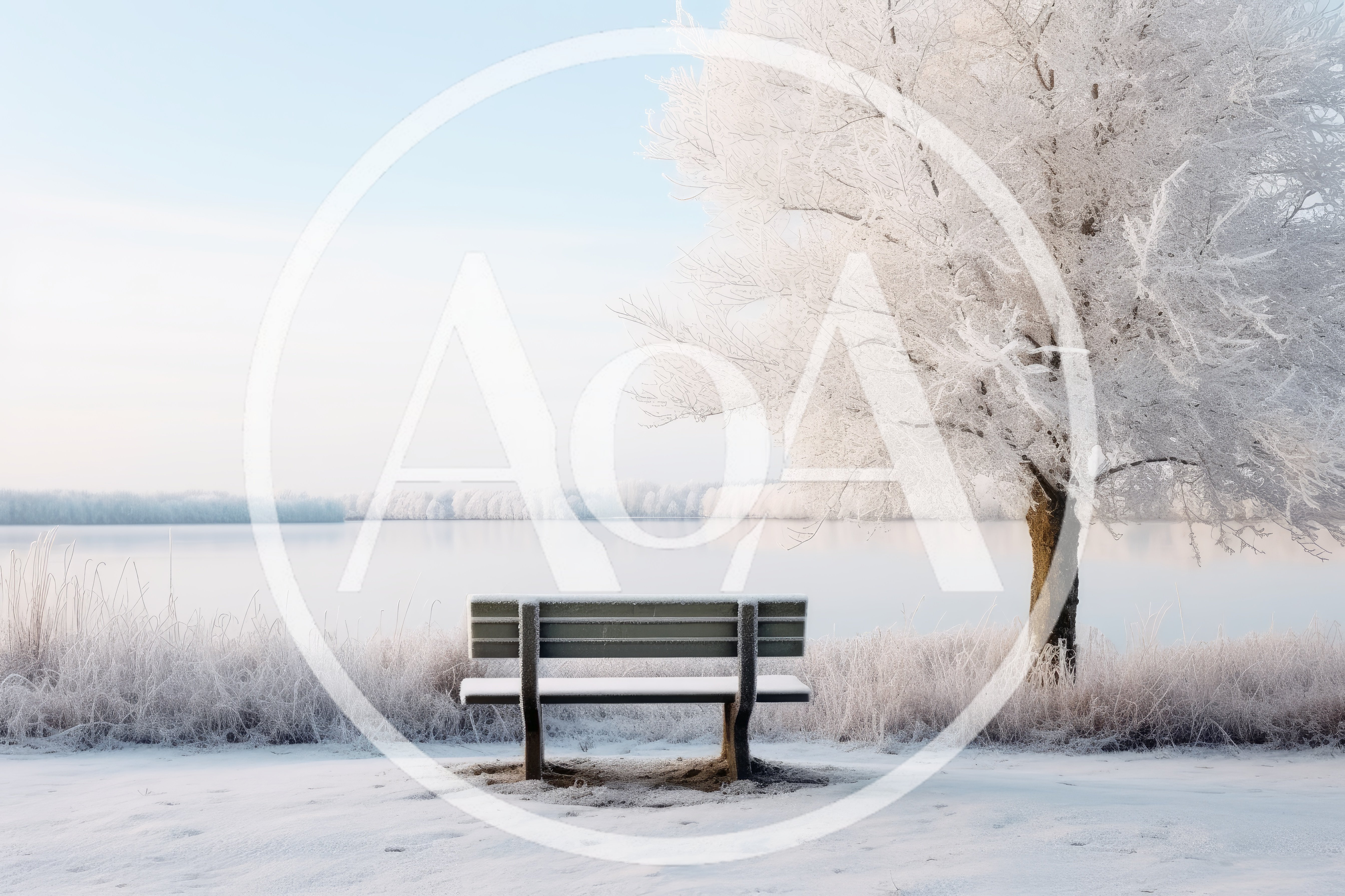Empty Bench Under Frost Covered Tree By Frozen Lake