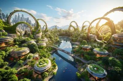 Futuristic Eco City With Lush Greenery And Circular Architecture