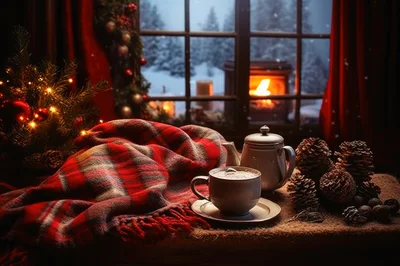 Cozy Christmas Morning Scene With Hot Cocoa And Blanket