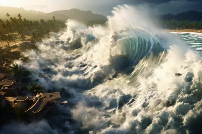 Massive Tsunami Wave Striking A Tropical Coastal Village
