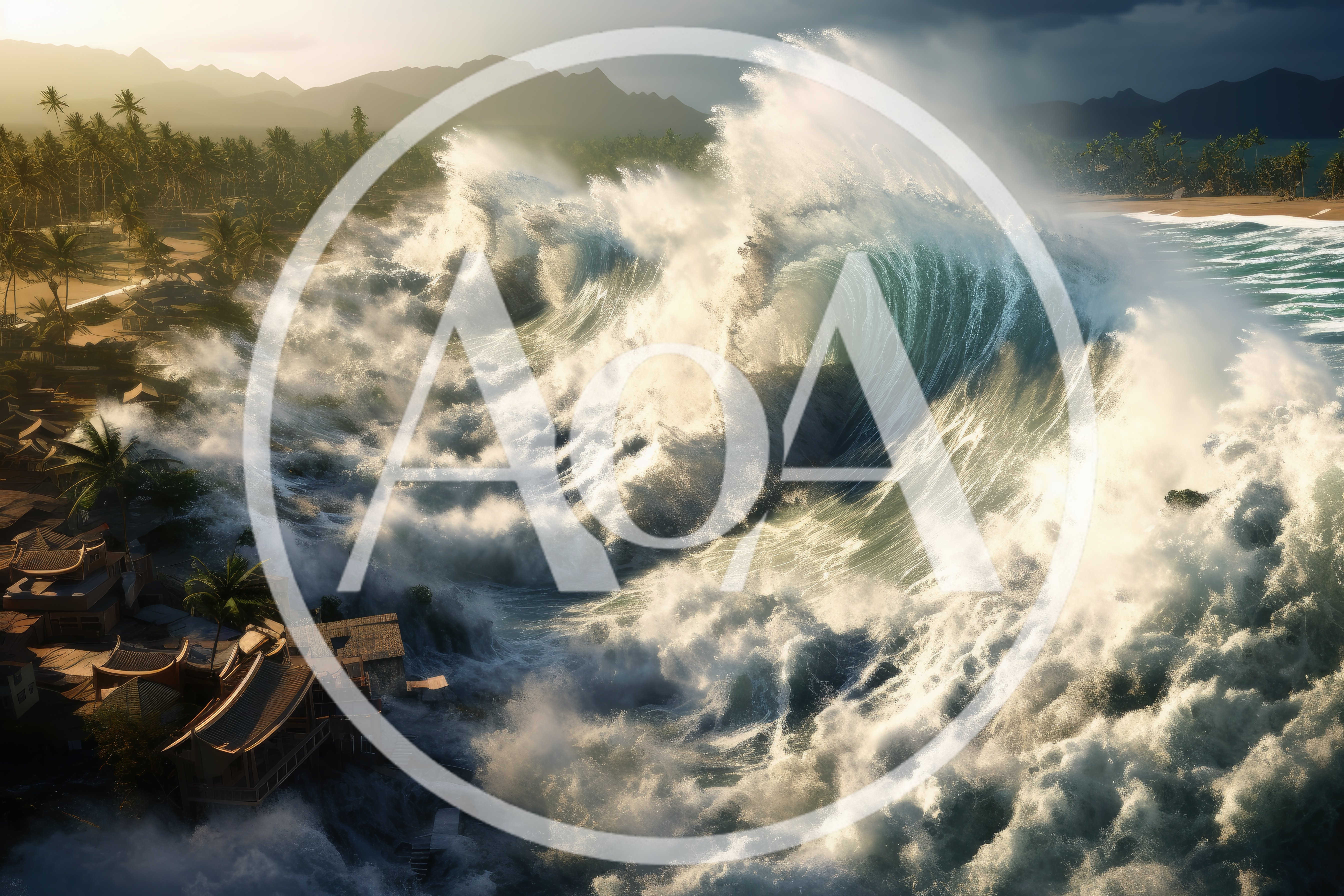 Massive Tsunami Wave Striking A Tropical Coastal Village