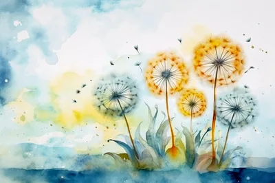 Watercolor Dandelion Flowers With Floating Seeds