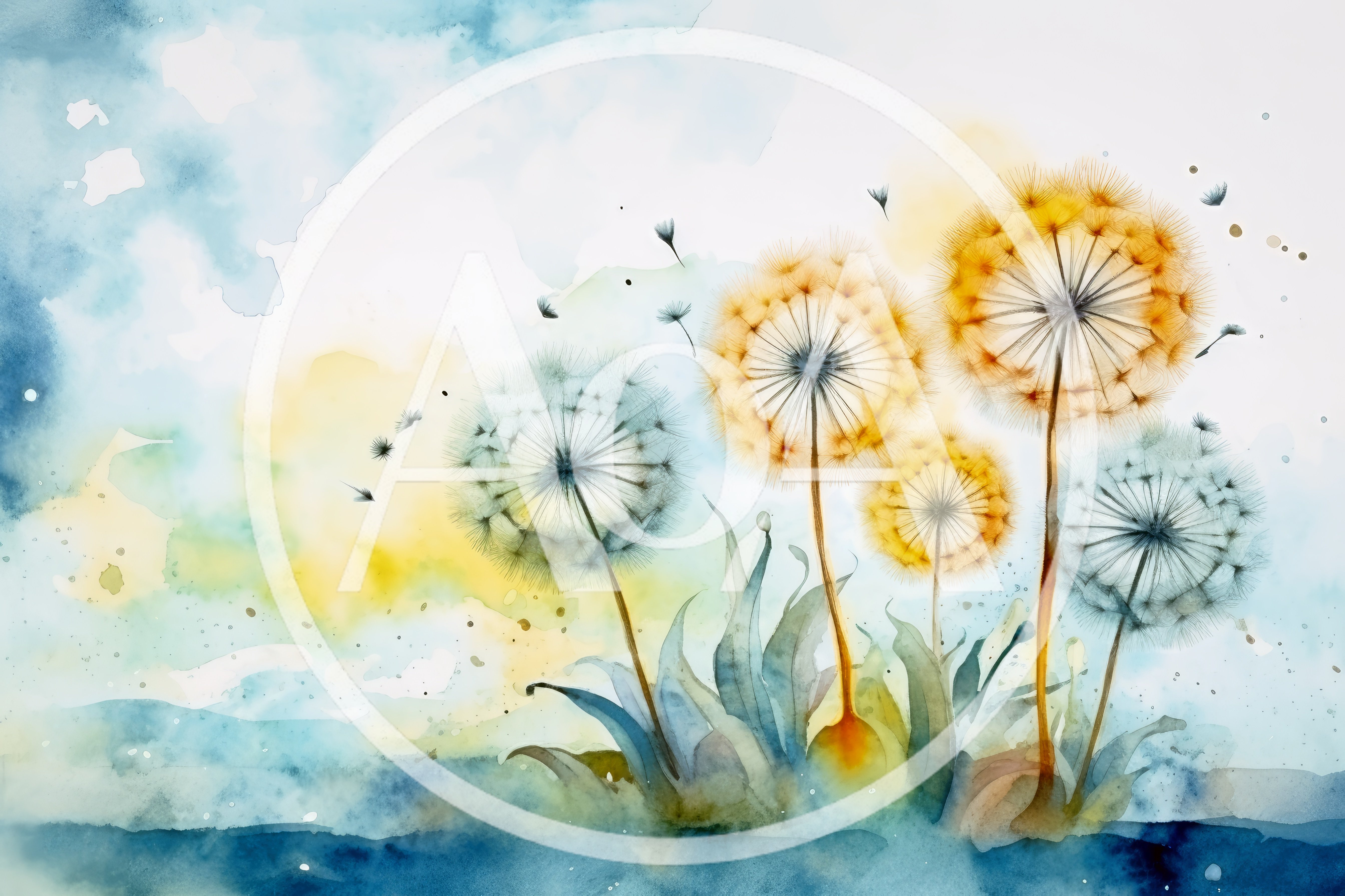 Watercolor Dandelion Flowers With Floating Seeds