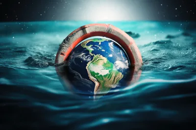 Planet Earth Floating Inside A Lifebuoy In The Ocean
