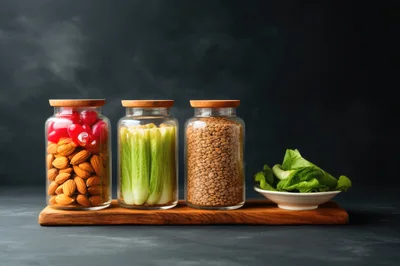 Glass Jars With Almonds Cherries Celery And Lentils
