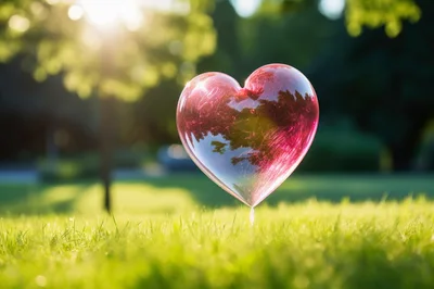 Transparent Heart Shaped Balloon Floating Above Green Grass