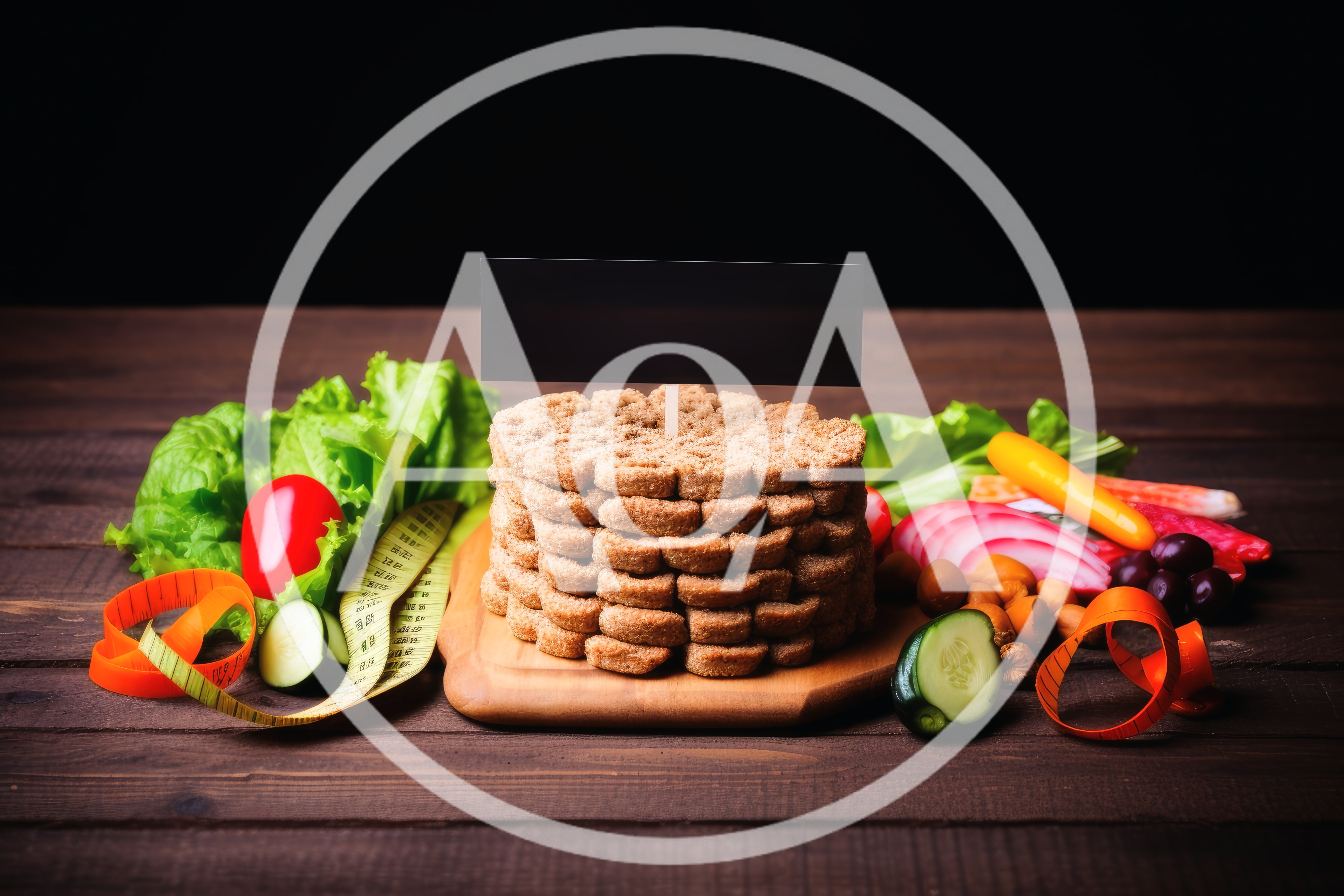 Stack of Bread Slices with Vegetables and Measuring Tape
