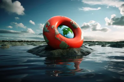 Earth Globe Inside A Red Lifebuoy On Water