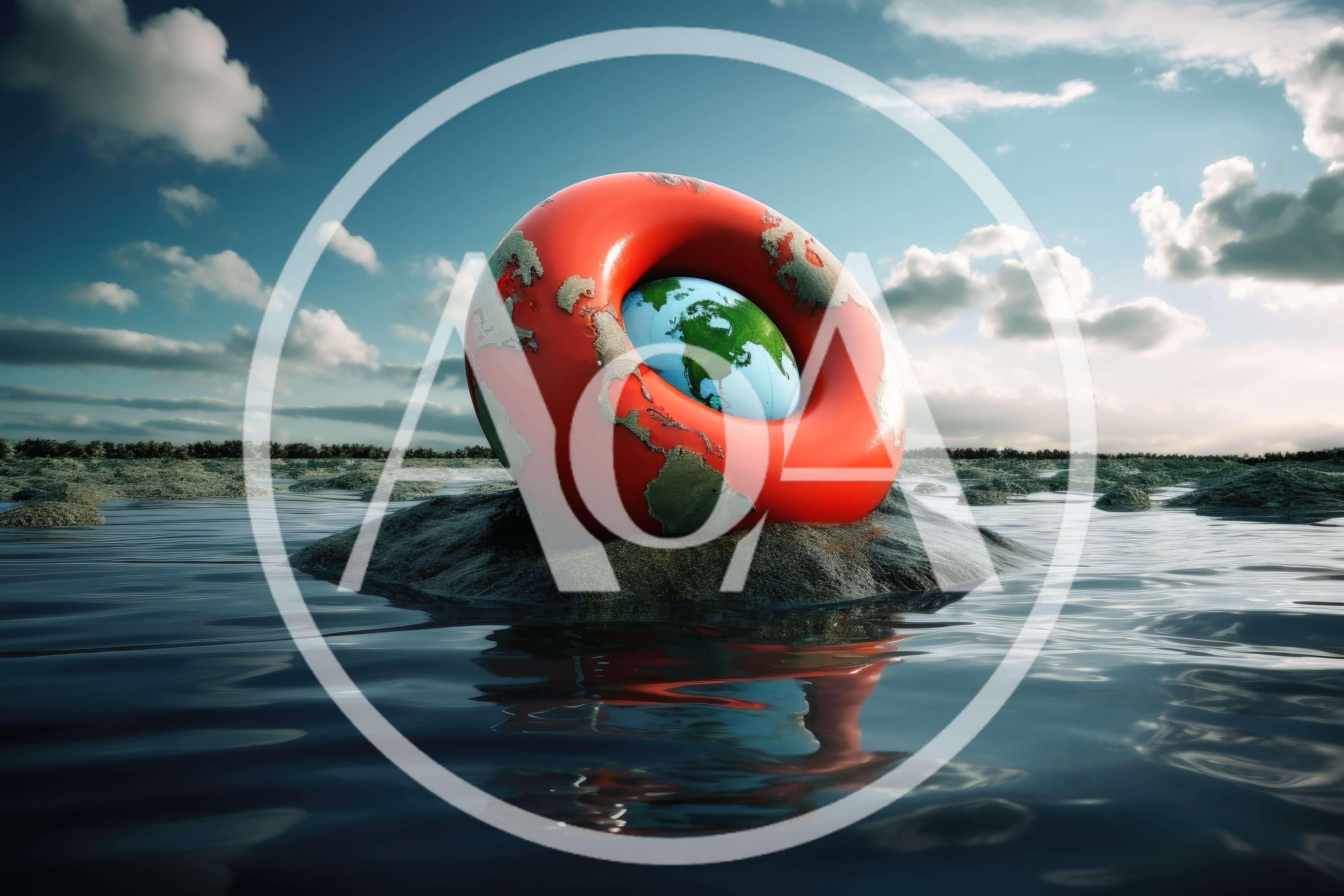 Earth Globe Inside A Red Lifebuoy On Water
