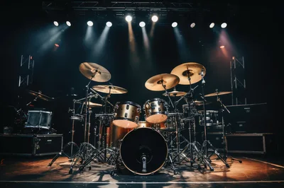 Professional Drum Kit Set Up On A Concert Stage