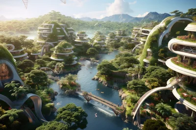 Futuristic Eco-Friendly City Integrated With Lush Tropical Nature