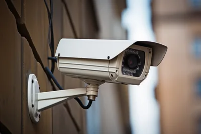 Outdoor Security Surveillance Camera Mounted On Building Wall