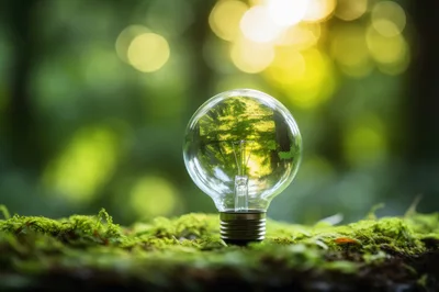 Light Bulb With Forest Reflection On Mossy Ground