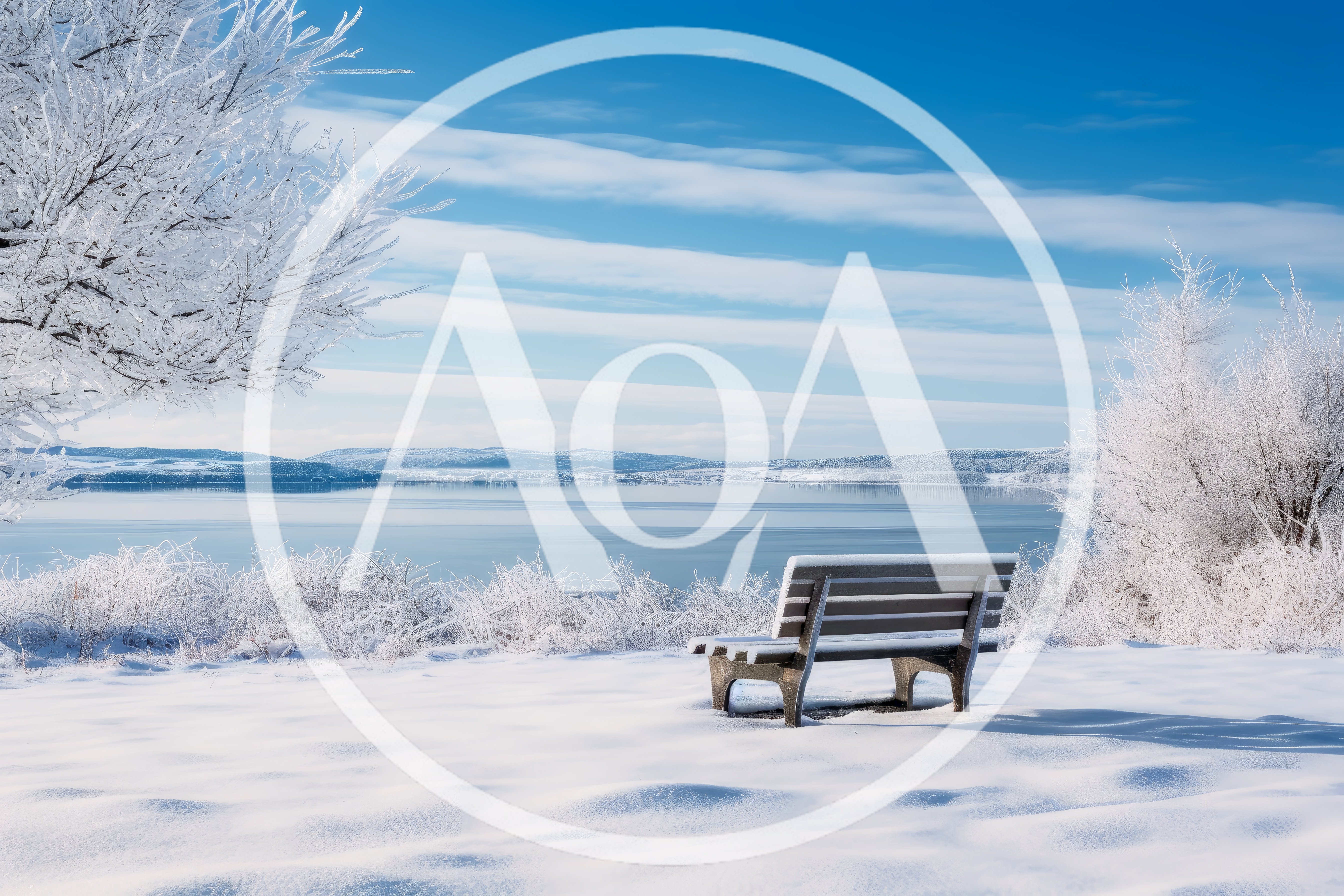 Empty Park Bench Overlooking Frozen Winter Lake