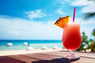 Refreshing Tropical Cocktail On A Sunny Beach Table