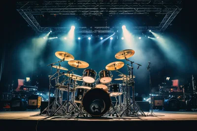 Professional Drum Kit Set Up On Concert Stage