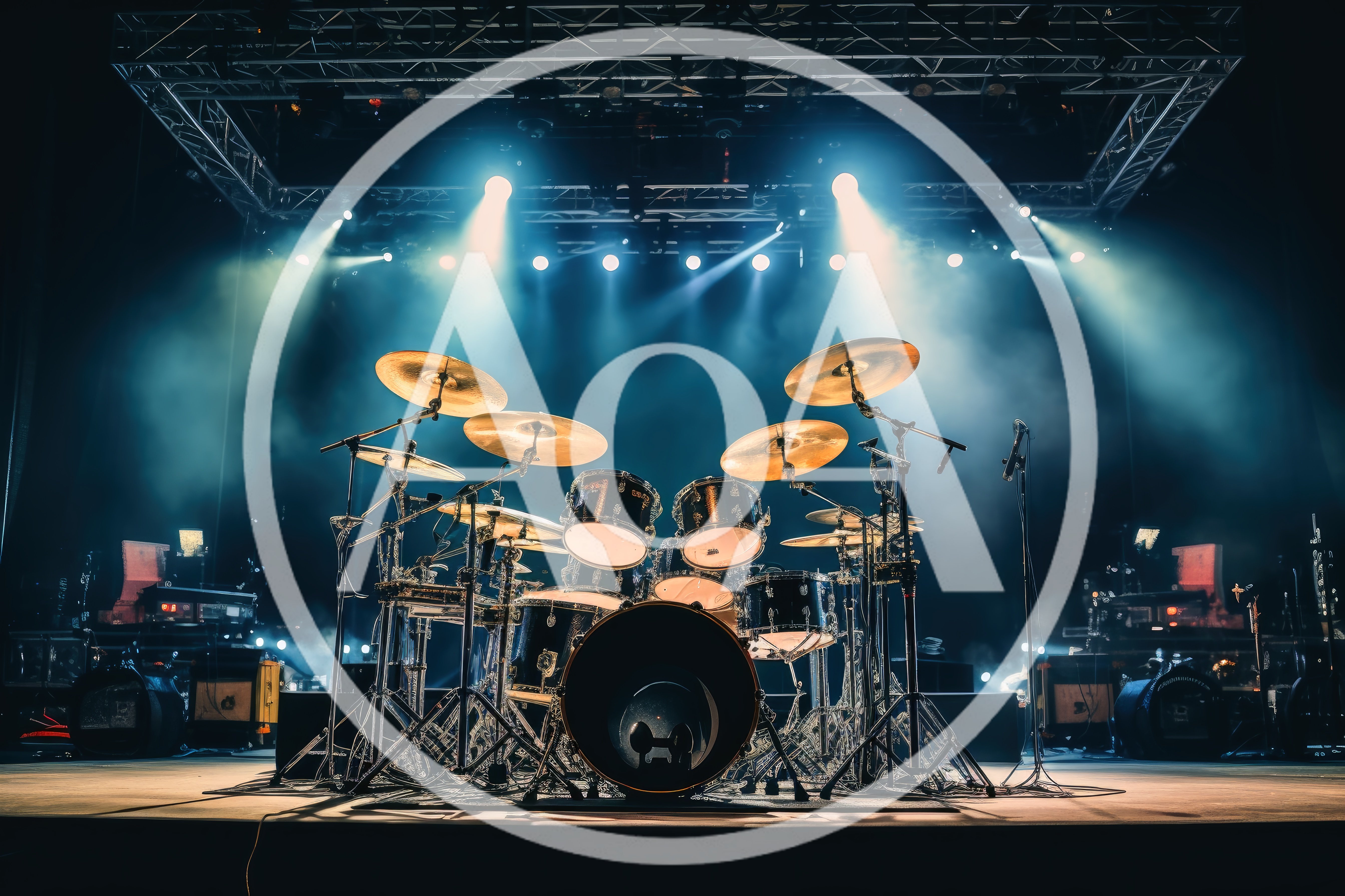 Professional Drum Kit Set Up On Concert Stage