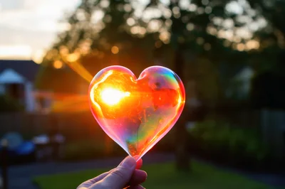 Hand Holding A Glowing Heart Shaped Soap Bubble