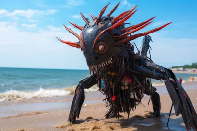 Spiky Trash Monster Sculpture On Sandy Beach