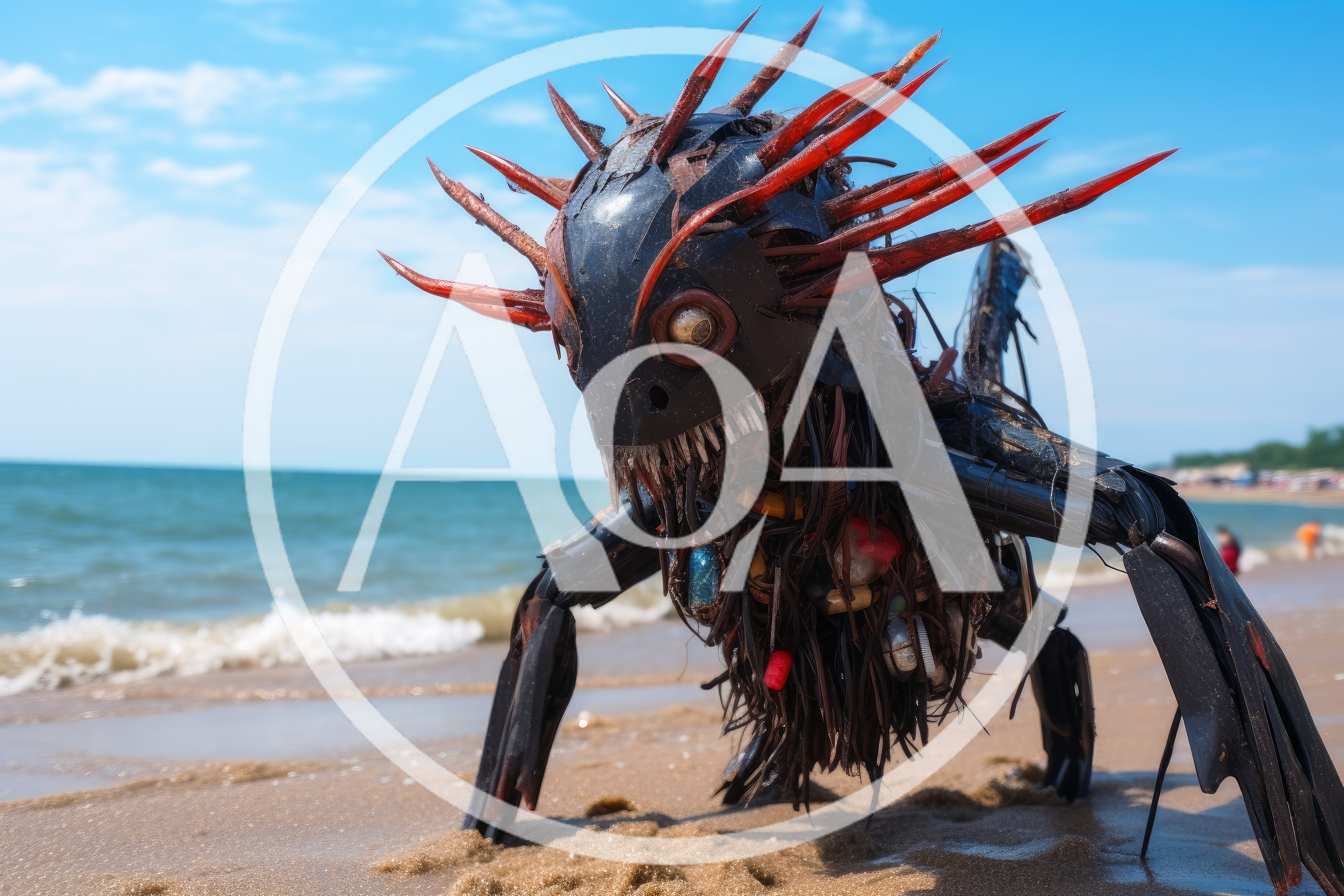Spiky Trash Monster Sculpture On Sandy Beach