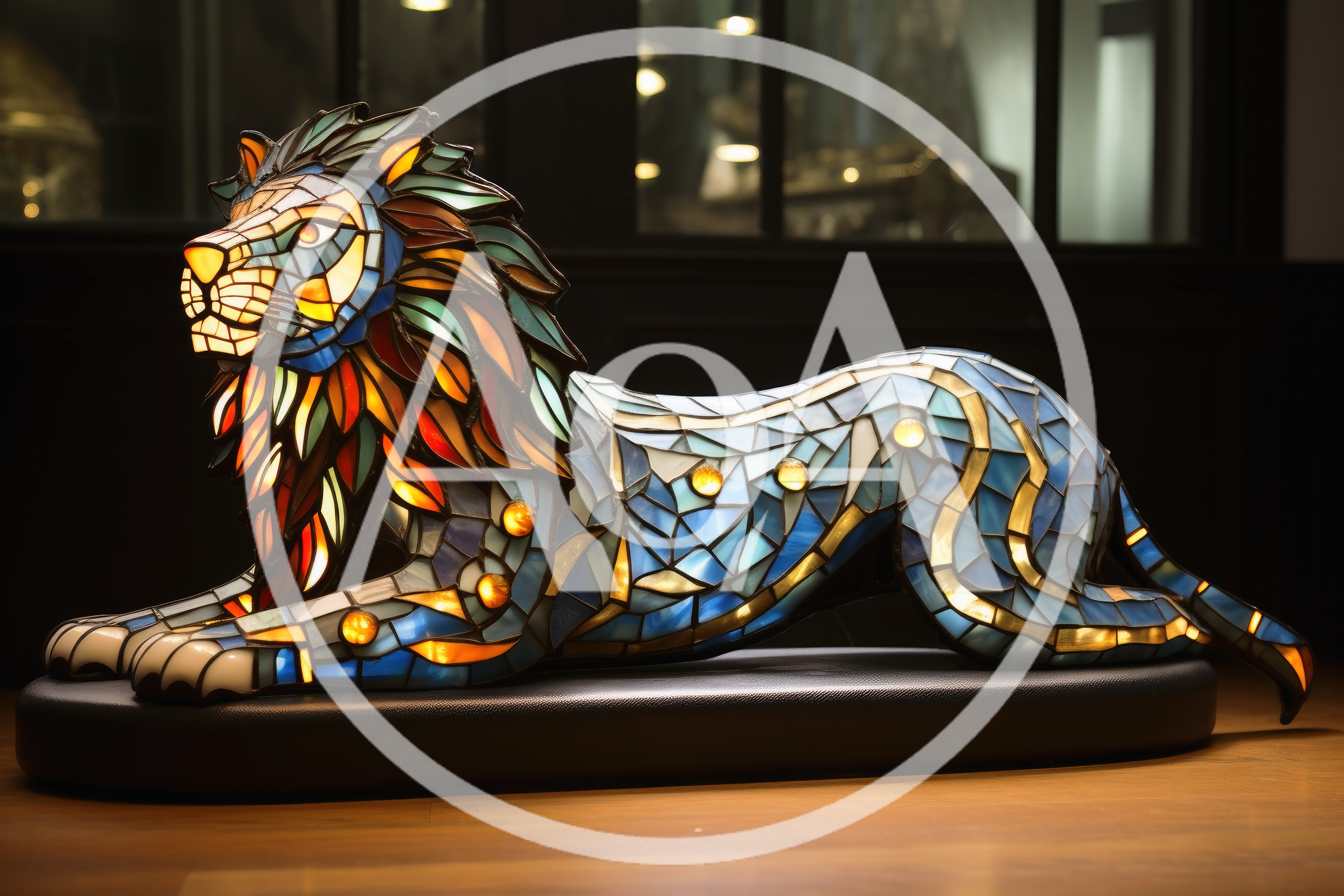 Stained Glass Lion Sculpture Lamp